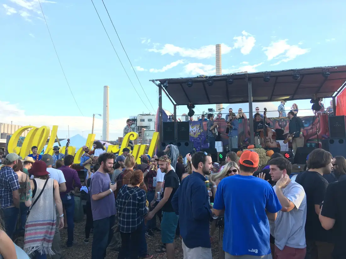 A band on the stage with the crowd pressed up front