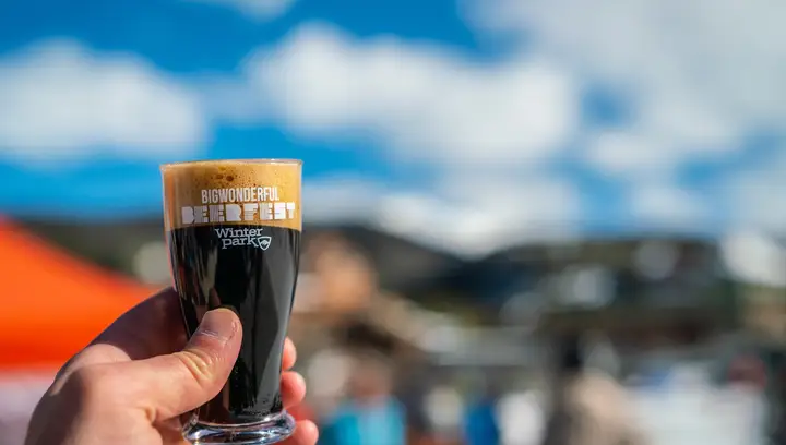A dark beer held up against the snow and the lifts.